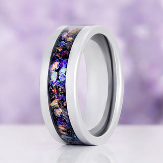 Crushed Rainbow Men's Wedding Band in Black Tungsten Carbide (8mm) by Aquamarise, upright view of the multicolour crushed opal inlay.