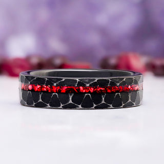 Crushed Red Garnet Dragon Men's Wedding Band in Black Tungsten (6mm)