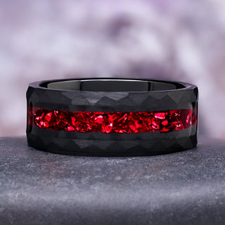 Crushed Red Garnet Men's Wedding Band in Black Tungsten Carbide (8mm)