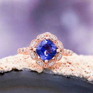 Art Deco Cushion Cut Tanzanite Engagement Ring in 14K Rose Gold Vermeil