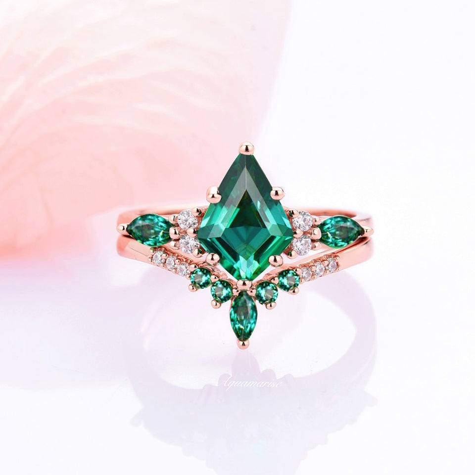 Skye Kite Emerald Ring Set- 14K Rose Gold Vermeil Engagement Ring For Women- Dainty Promise Ring- May Birthstone- Anniversary Gift For Her