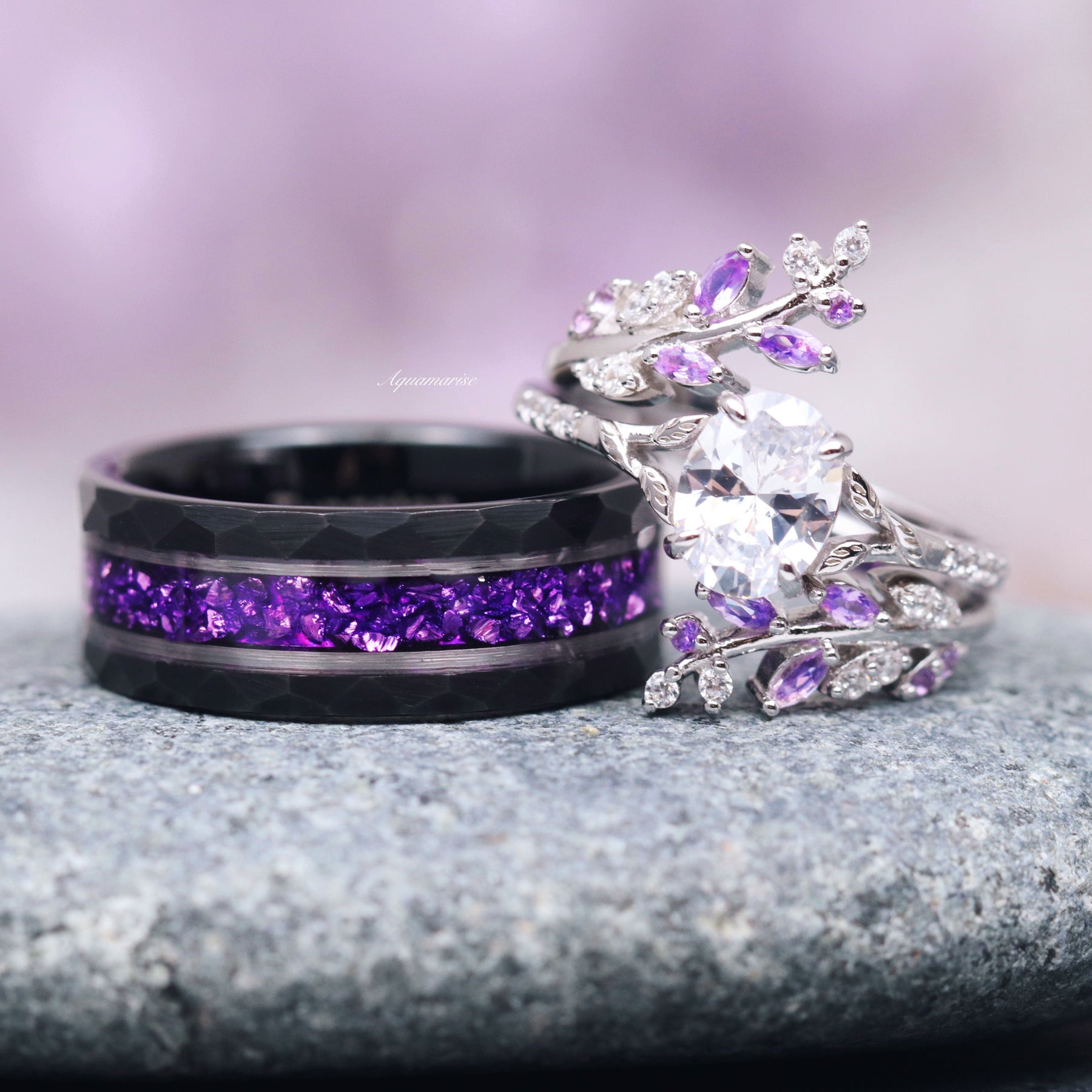 Purple Wedding Amethyst Wedding Band Mens Crushed Amethyst Wedding Band- 8MM Black Tungsten – Aquamarise