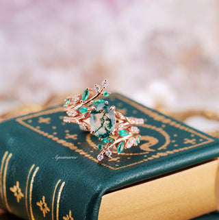 Moss Agate & Emerald Fairy Leaf Ring in 14K Rose Gold Vermeil