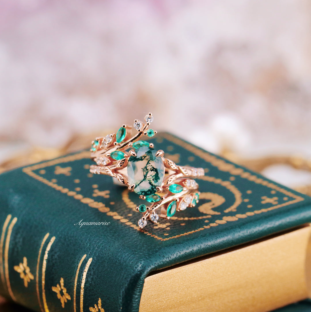 Green Moss Agate & Emerald Leaf Engagement Ring Set- 14K/ 18K Solid Rose Gold