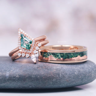 Mountain Range Green Moss Agate Couples Ring Set