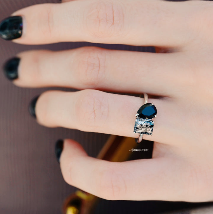 'Toi Et Moi' Rutilated Quartz & Black Onyx Ring- 925 Sterling Silver