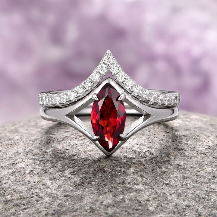 Natural Red Garnet Marquise Ring Set- Sterling Silver