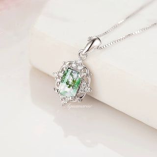 Vintage Green Moss Agate Necklace in  Sterling Silver