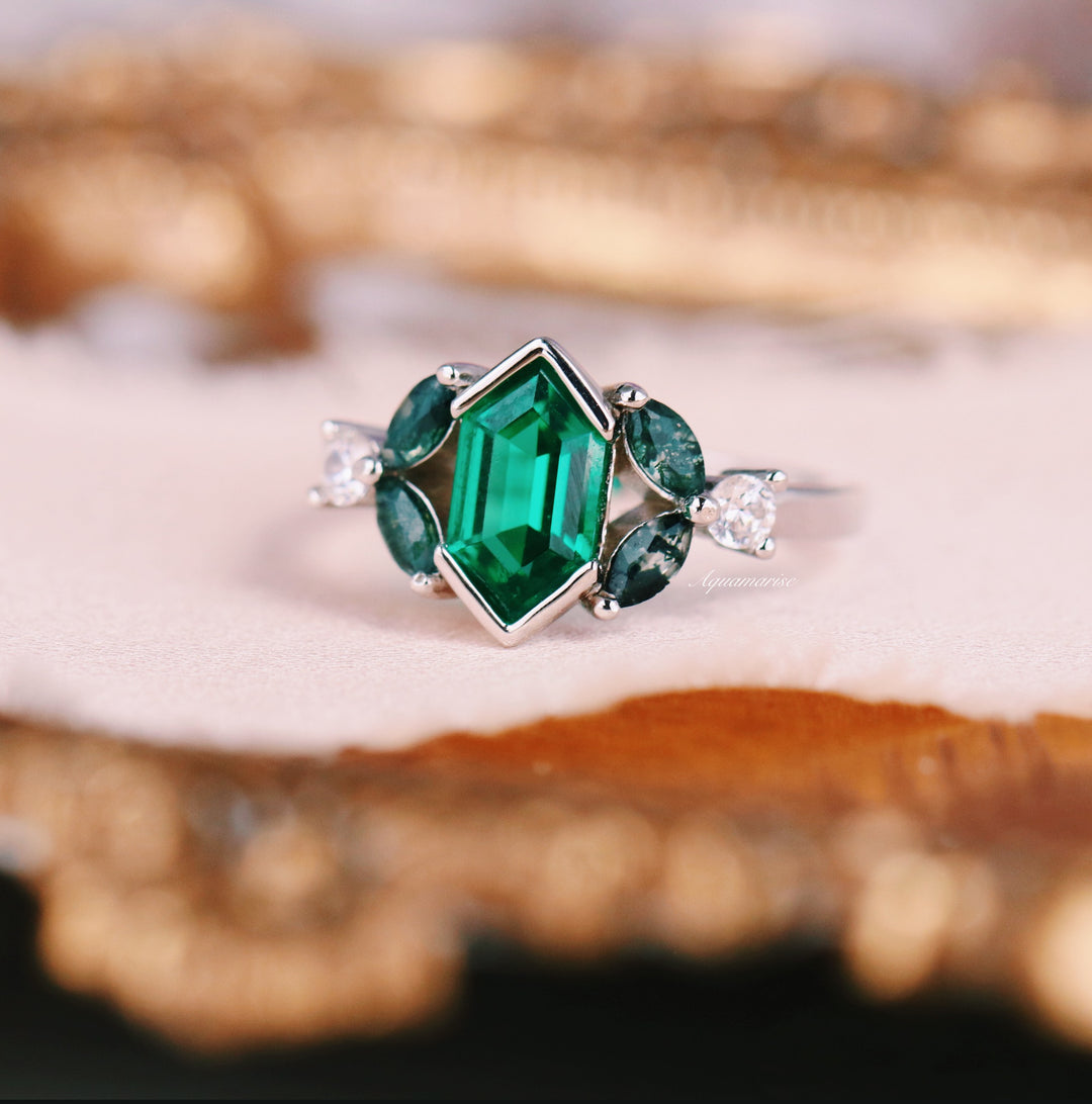 Hexagon Emerald & Moss Agate Leaf Ring- 14K White Gold