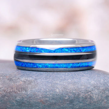 Blue Fire Opal & Black Onyx Wedding Band- 8MM Tungsten featuring vibrant blue opal inlays and a sleek black onyx stripe in a polished tungsten setting by Aquamarise.