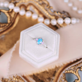 Blue Fire Opal & Opalescent Sapphire Leaf Engagement Ring in Sterling Silver