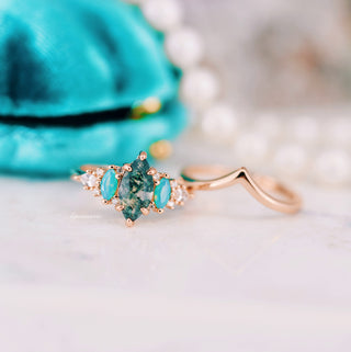 Emerie Moss Agate & Opalescent Sapphire Engagement Ring Set in 14K Solid Rose Gold