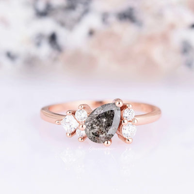 Galaxy Raw Salt & Pepper Diamond Ring For Women- Pear Diamond Engagement Ring 14K Rose Gold Vermeil- Unique Bridal Geometric Promise Ring
