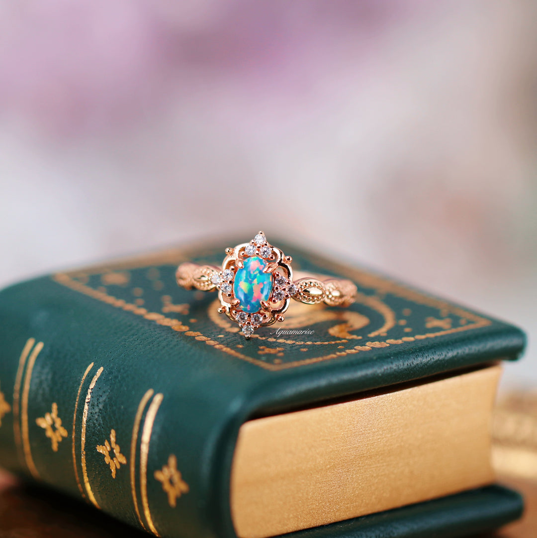 Vintage Blue Fire Opal Ring- 14K Rose Gold Vermeil