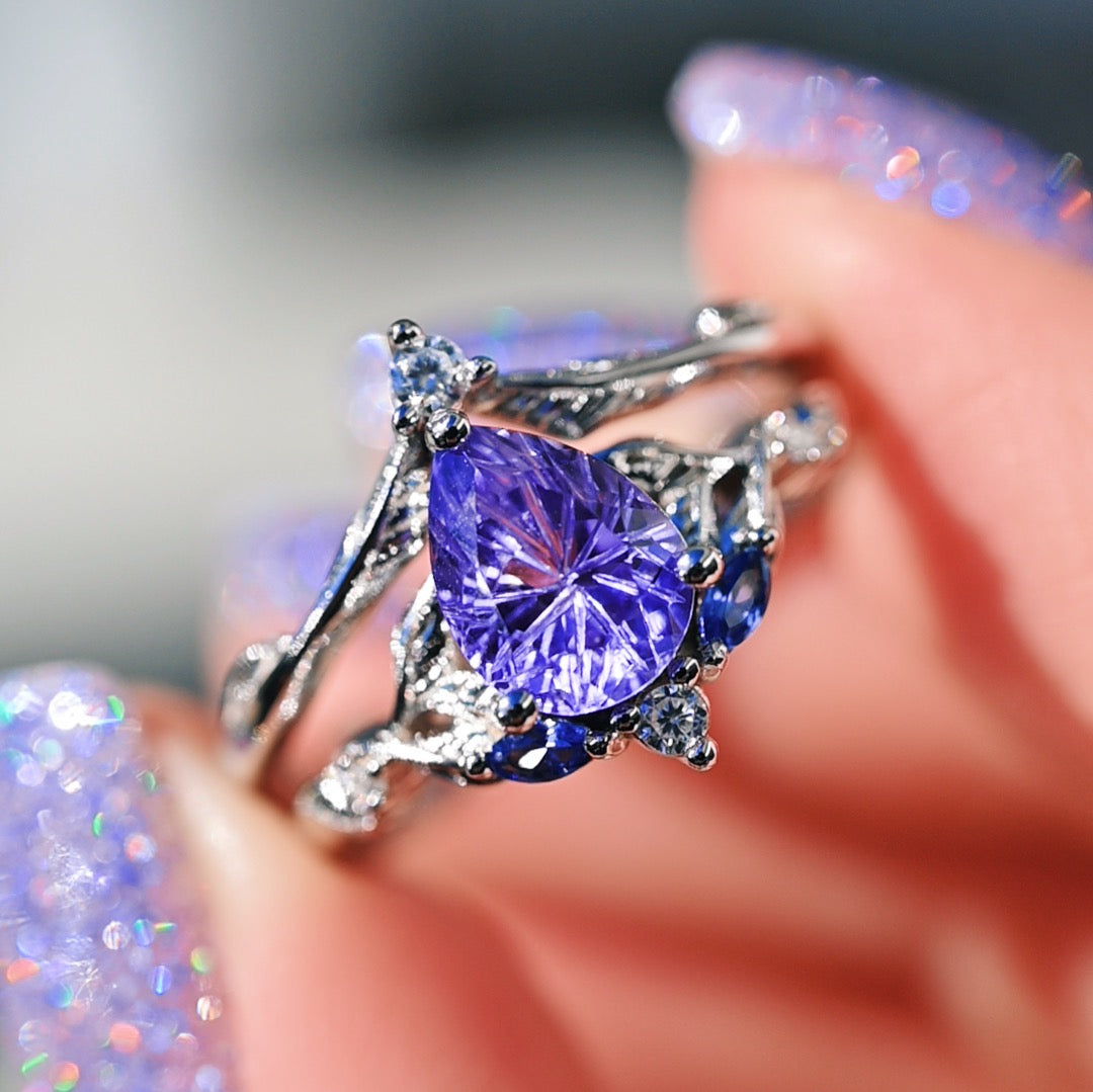 Airee Star Cut Lavender Sapphire Ring Set- 14K White Gold