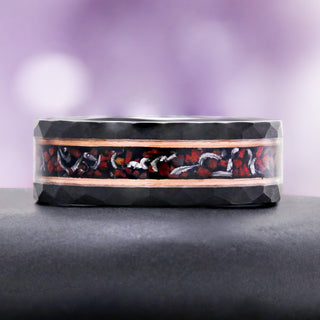 Side profile of the hammered 8mm black and rose gold tungsten band