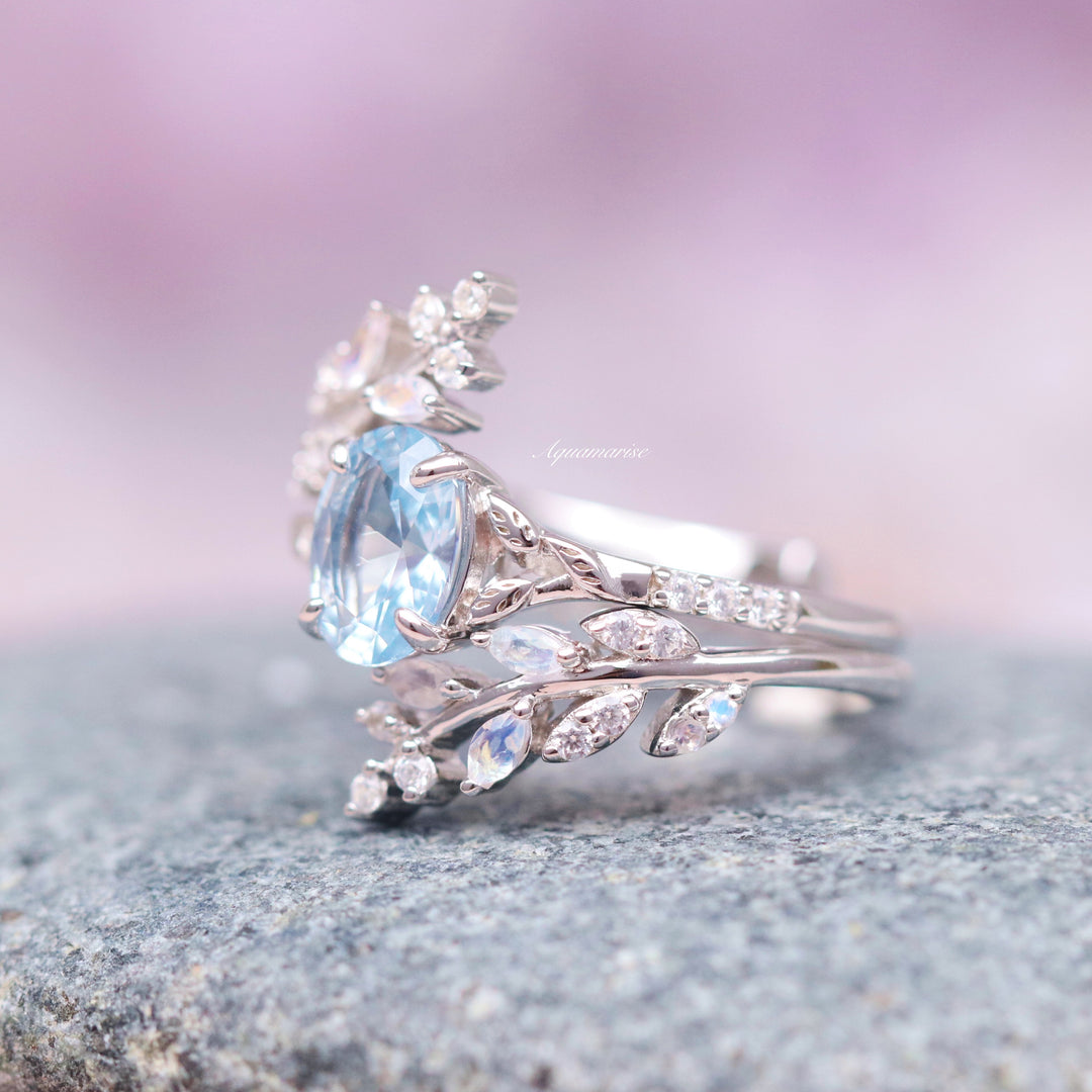 Aquamarine & Moonstone Fairy Leaf Ring Set-  Sterling Silver