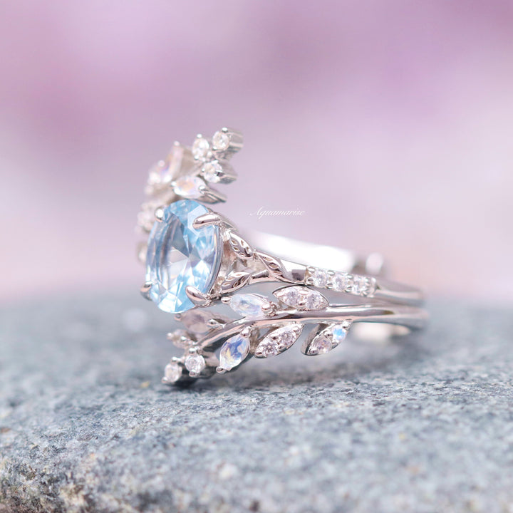 Fairy Aquamarine, Moonstone & Moissanite Leaf Engagement Ring Set- 14K White Gold