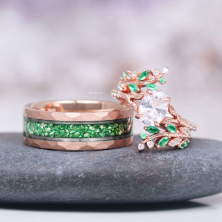 Lab-Grown Diamond & Emerald Leaf Engagement Ring Set in 14K Solid Rose Gold (IGI Certified)