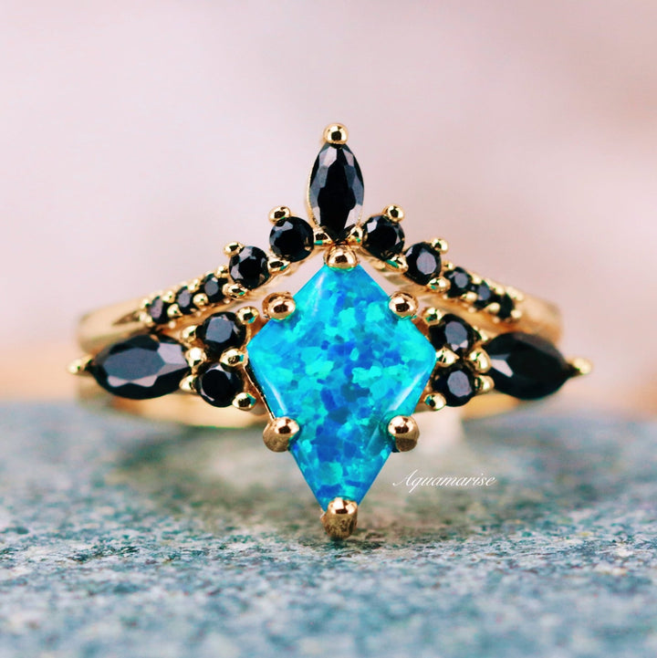 Skye Kite™  Blue Fire Opal & Black Onyx Ring Set- 14K Yellow Gold Vermeil