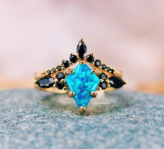 Skye Kite® Blue Fire Opal, Meteorite & Starry Night Couples Ring Set