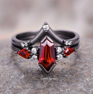 Coffin Kite Natural Red Garnet Ring Set- Black Rhodium Filled