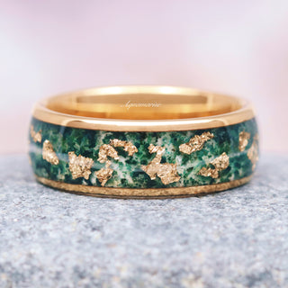 Moss Agate & Gold Leaf Wedding Band in Yellow Gold Tungsten (8mm)