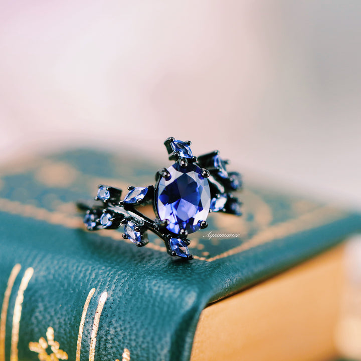 Cornflower Blue Sapphire Leaf Engagement Ring- Black Rhodium Filled