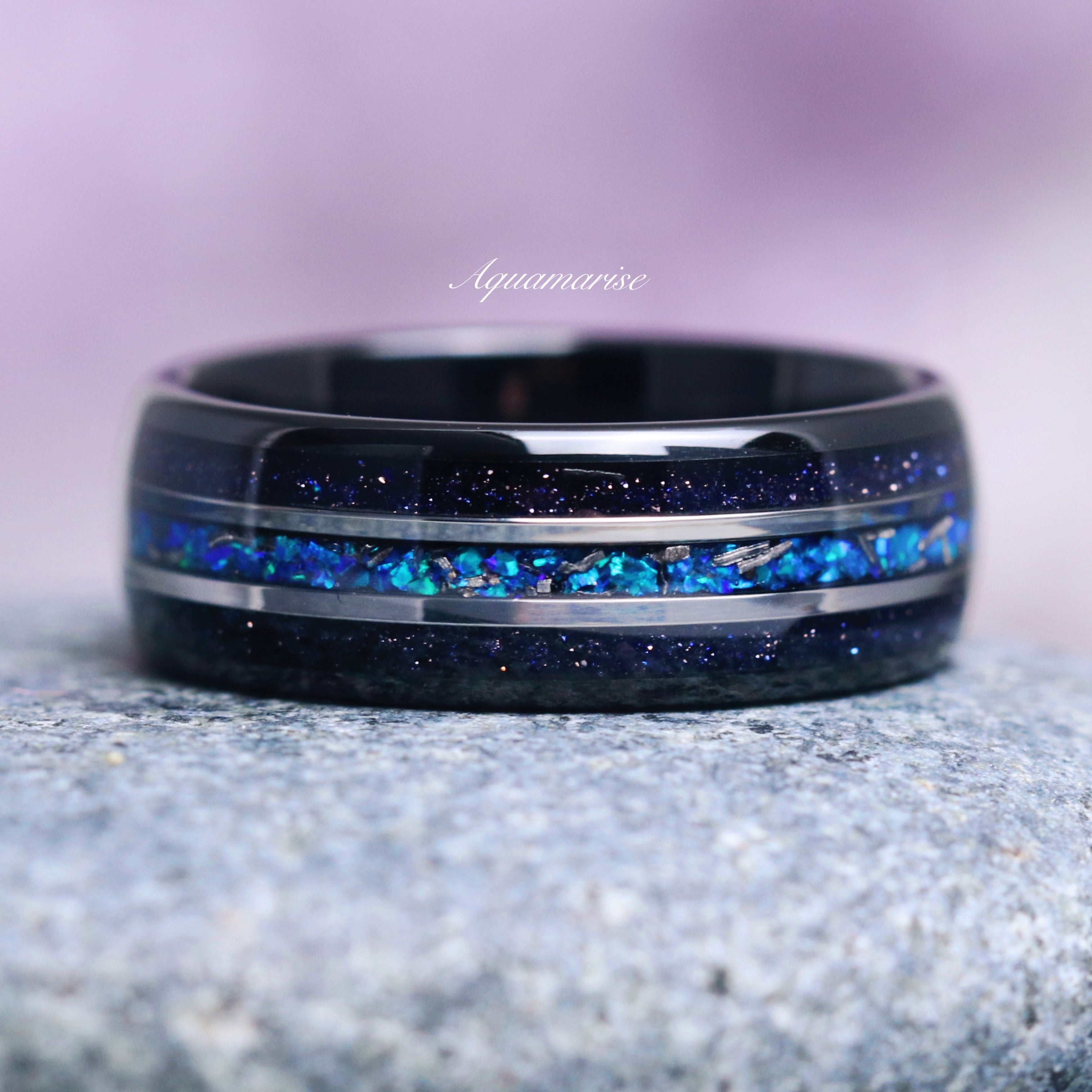 Black Tungsten Ring, Galaxy Meteorite Opal Inlay, Mens Wedding Band, Comfort Fit, Scratch Resistant selling