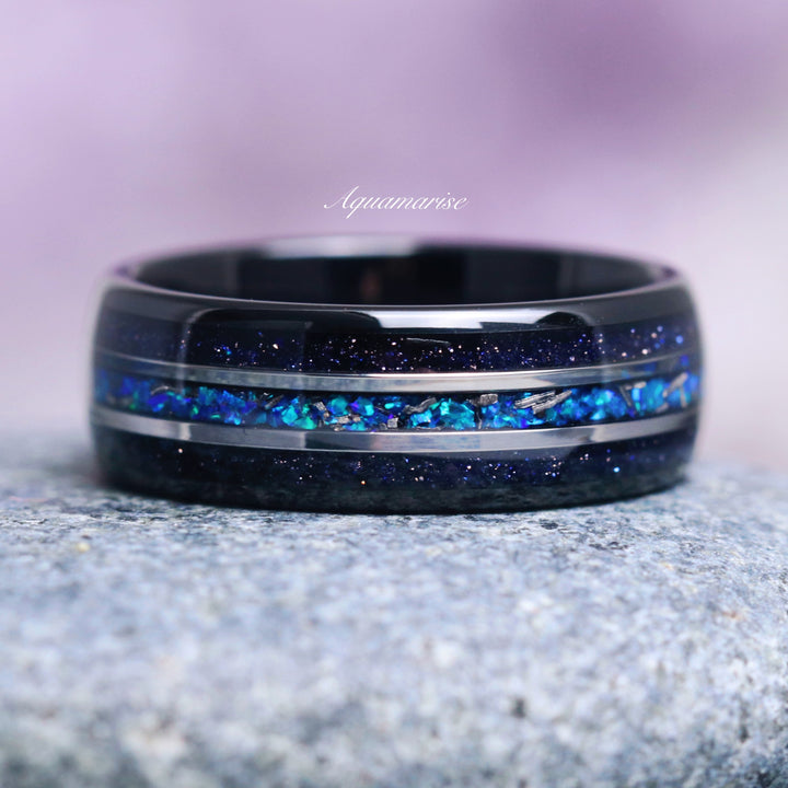 Starry Night, Meteorite & Blue Fire Opal Couples Ring