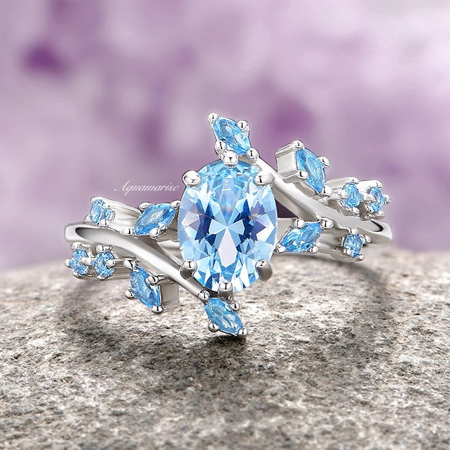 Aquamarine Fairy Leaf Engagement Ring- 14K White Gold