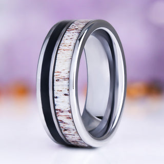 Elk Antler & Black Obsidian Men's Wedding Band in Silver Tungsten Carbide (8mm)