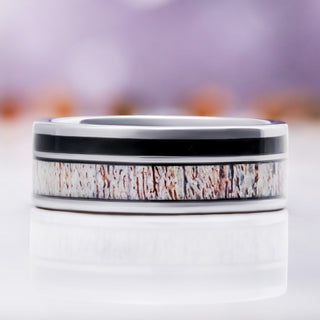 Elk Antler & Black Obsidian Men's Wedding Band by Aquamarise, close-up of the antler and obsidian inlay