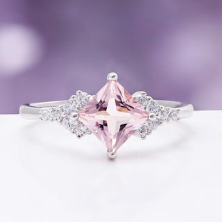 Ellie Princess Cut Morganite Engagement Ring in Sterling Silver by Aquamarise, a princess-cut blush morganite with tapered diamond accents.