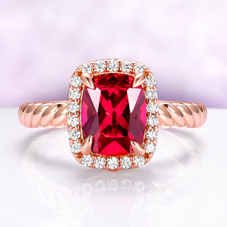 Ruby Engagement Ring Cushion Cut Ruby Halo Ring on light purple background