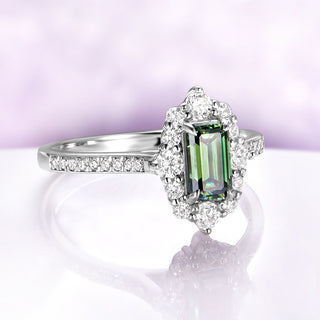 Emerald Cut Pacific Green Engagement Ring in 14K White Gold