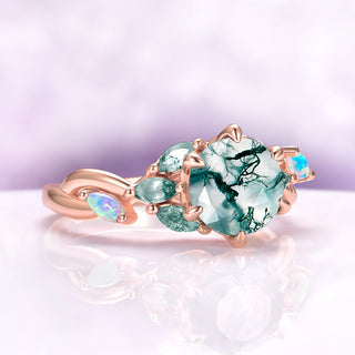 Enchanted Garden Green Moss Agate & Fire Opal Ring in 14K Rose Gold Vermeil