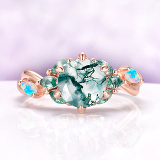 Enchanted Garden Green Moss Agate & Fire Opal Ring in 14K Rose Gold Vermeil