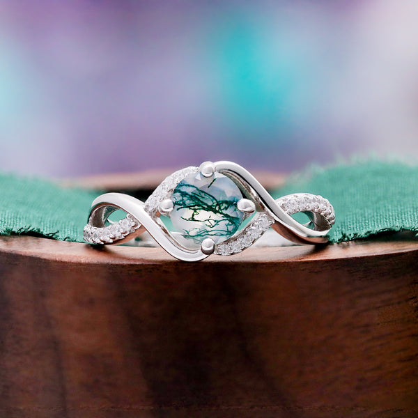 Entwined green moss agate ring in sterling silver by Aquamarise