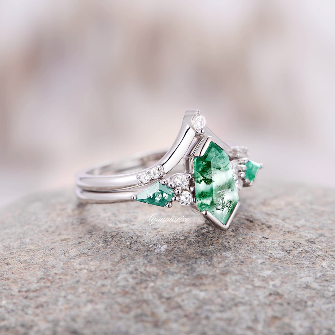 Green Moss Agate Ring Set- 14K White Gold