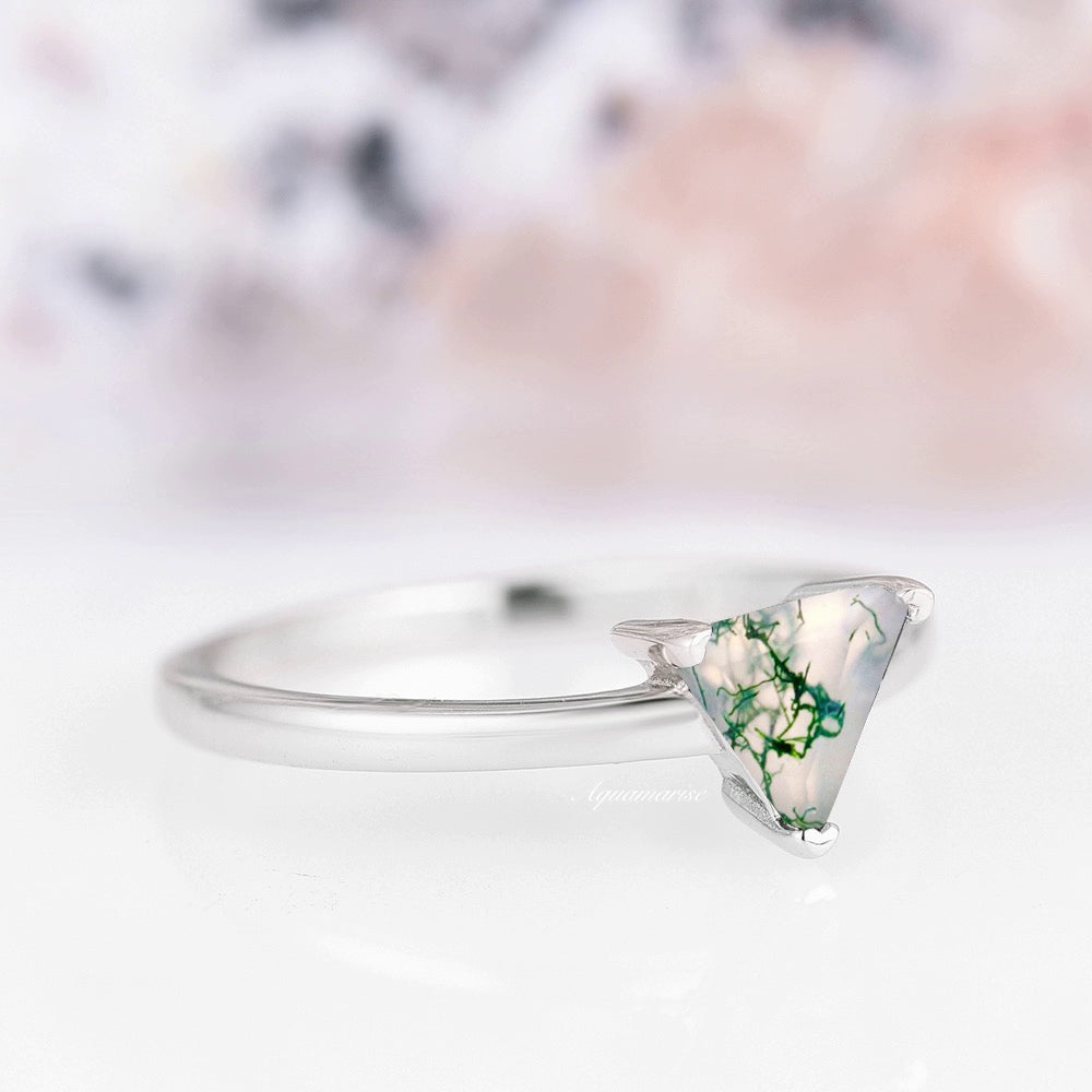 Triangle Cut Green Moss Agate Leaf Ring Set- Sterling Silver