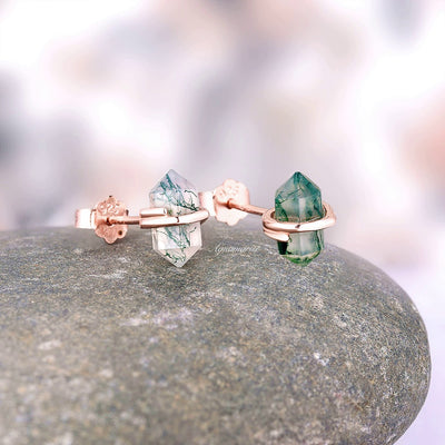 Raw Green Moss Agate Stud Earrings For Women- 14K Rose Gold Vermeil Natural Agate Studs Unique Birthstone Jewelry Anniversary Gift For Her
