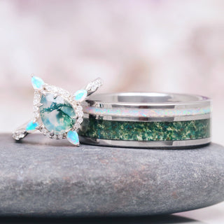 Green Moss Agate & Fire Opal Couples Ring Set