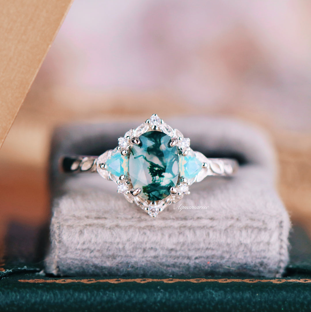 Moss Agate & Opalescent Sapphire Leaf Ring- Sterling Silver