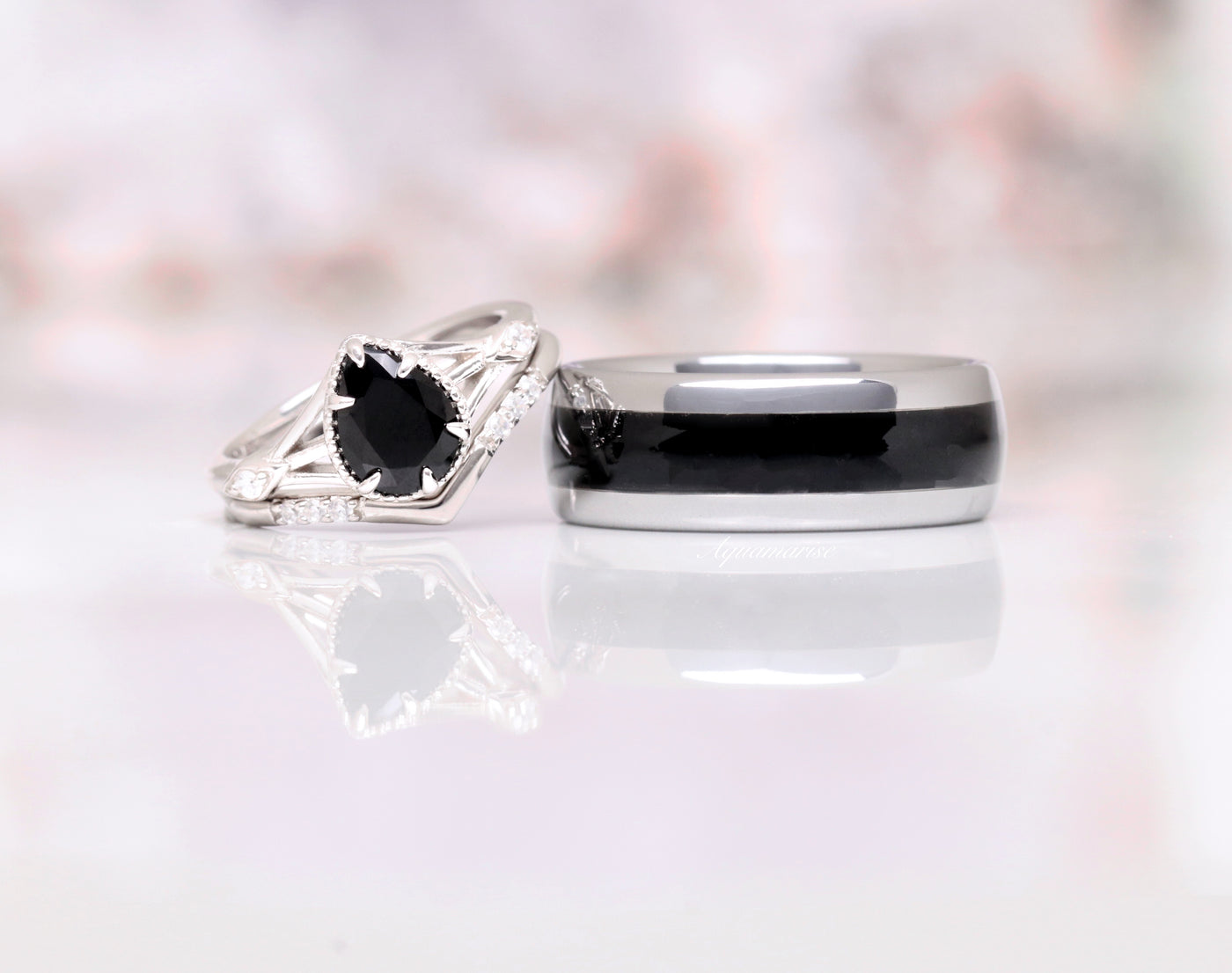 Celtic Black Diamond Ring Set- Natural Black Onyx Engagement Ring For Woman- 925 Sterling Silver Pear Black Onyx Promise Ring Gift For Her