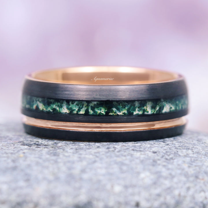 Moss Agate Wedding Band- 8MM Black & Rose Gold Tungsten