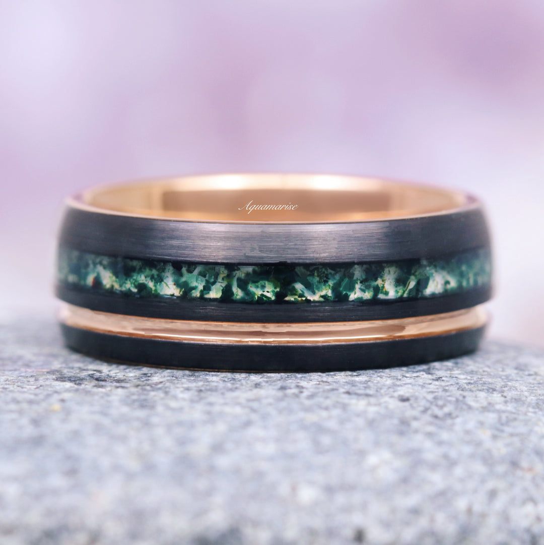 Hexagon Green Moss Agate Couples Ring Set