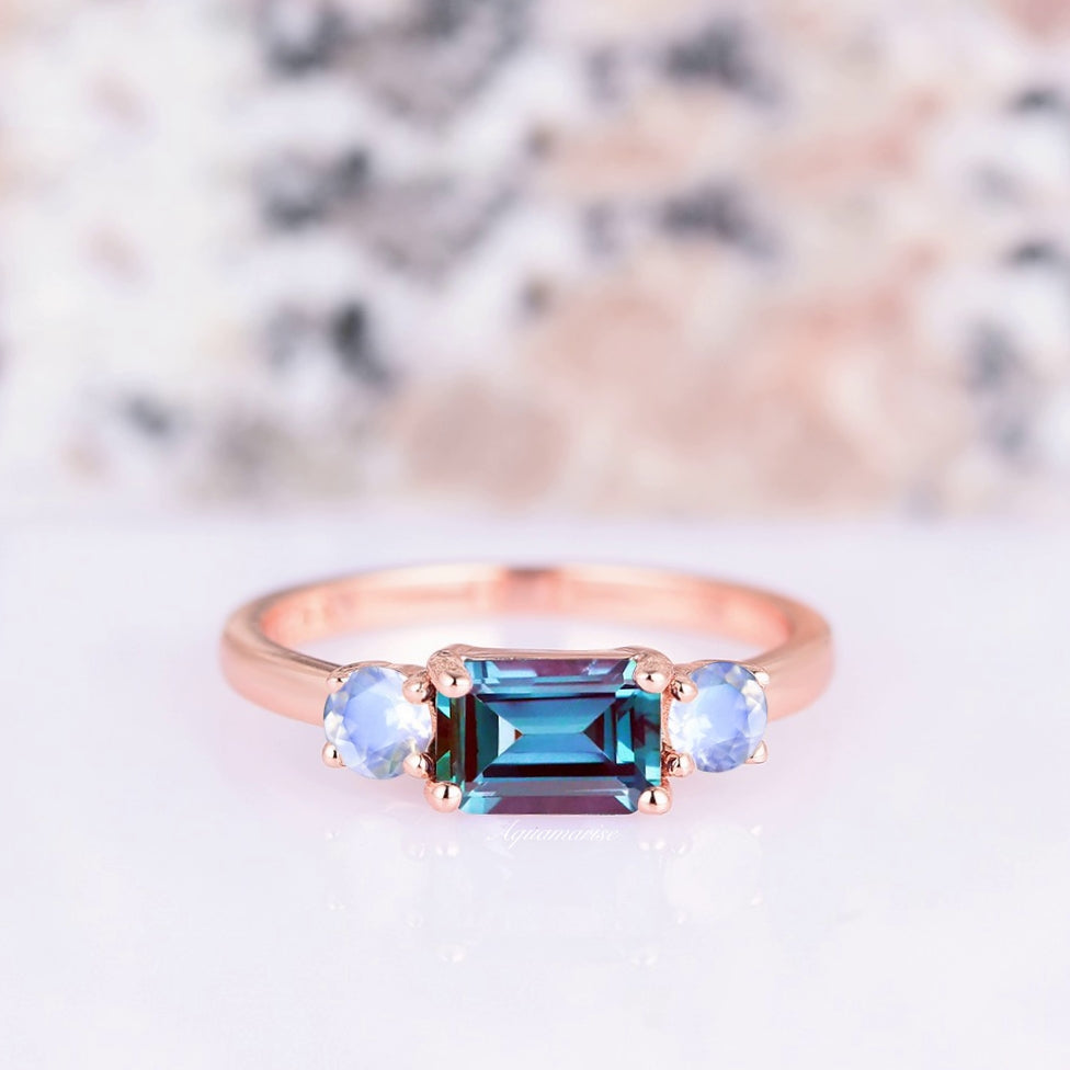 Minimalist Alexandrite & Moonstone Ring For Woman- 14K Rose Gold Vermeil Engagement Ring- Unique Promise Ring June Birthstone Gift For Her