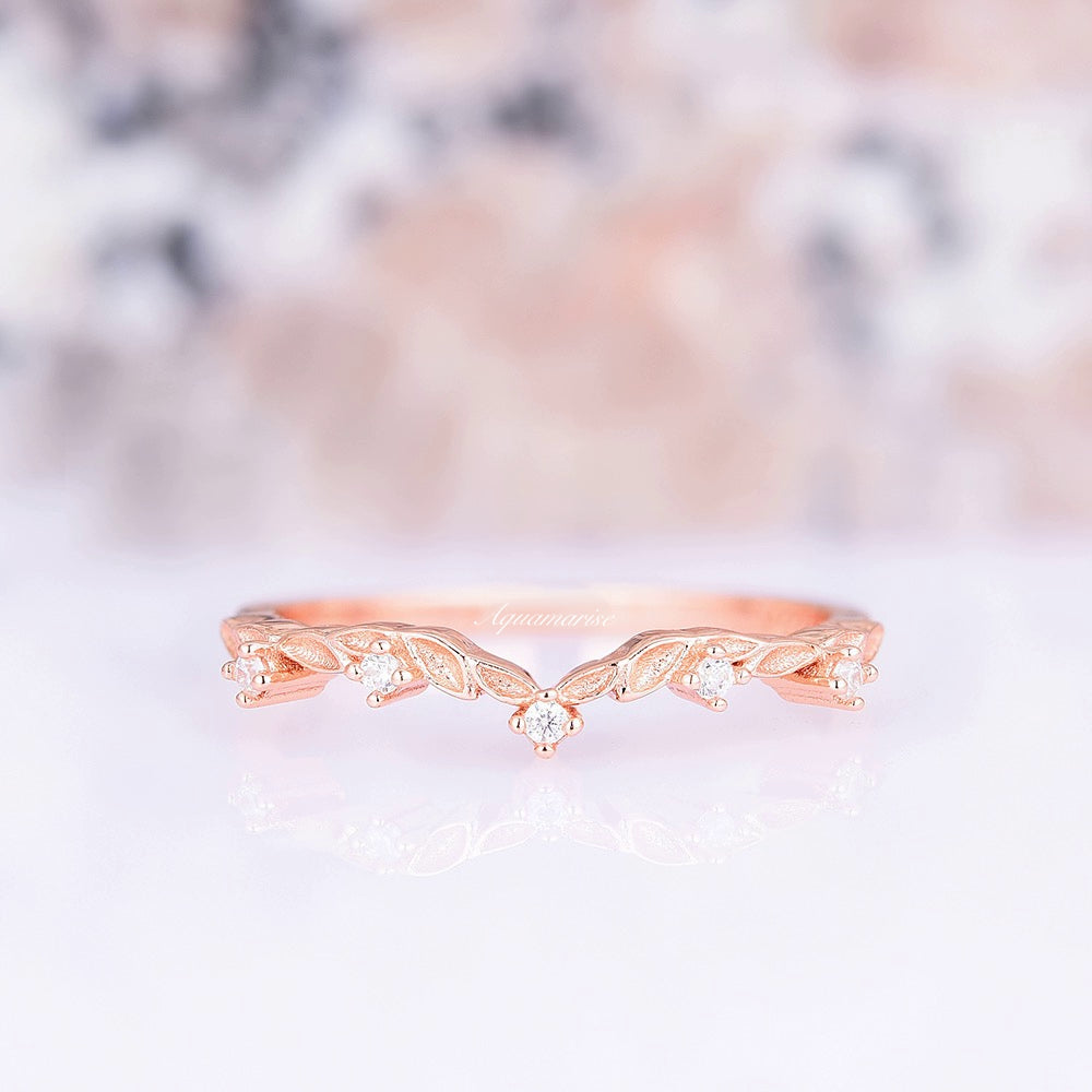 Filigree Leaf Diamond Wedding Band For Woman- 14K Rose Gold Vermeil Curved Matching Stacking Ring Art deco Leaf Vintage Promise Ring For Her