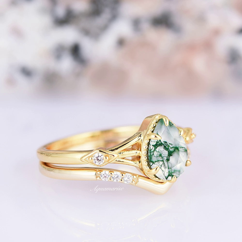 Celtic Green Moss Agate Ring- 14K Gold Vermeil Pear Cut Natural Agate Engagement Ring For Women Unique Promise Ring Anniversary Gift For Her